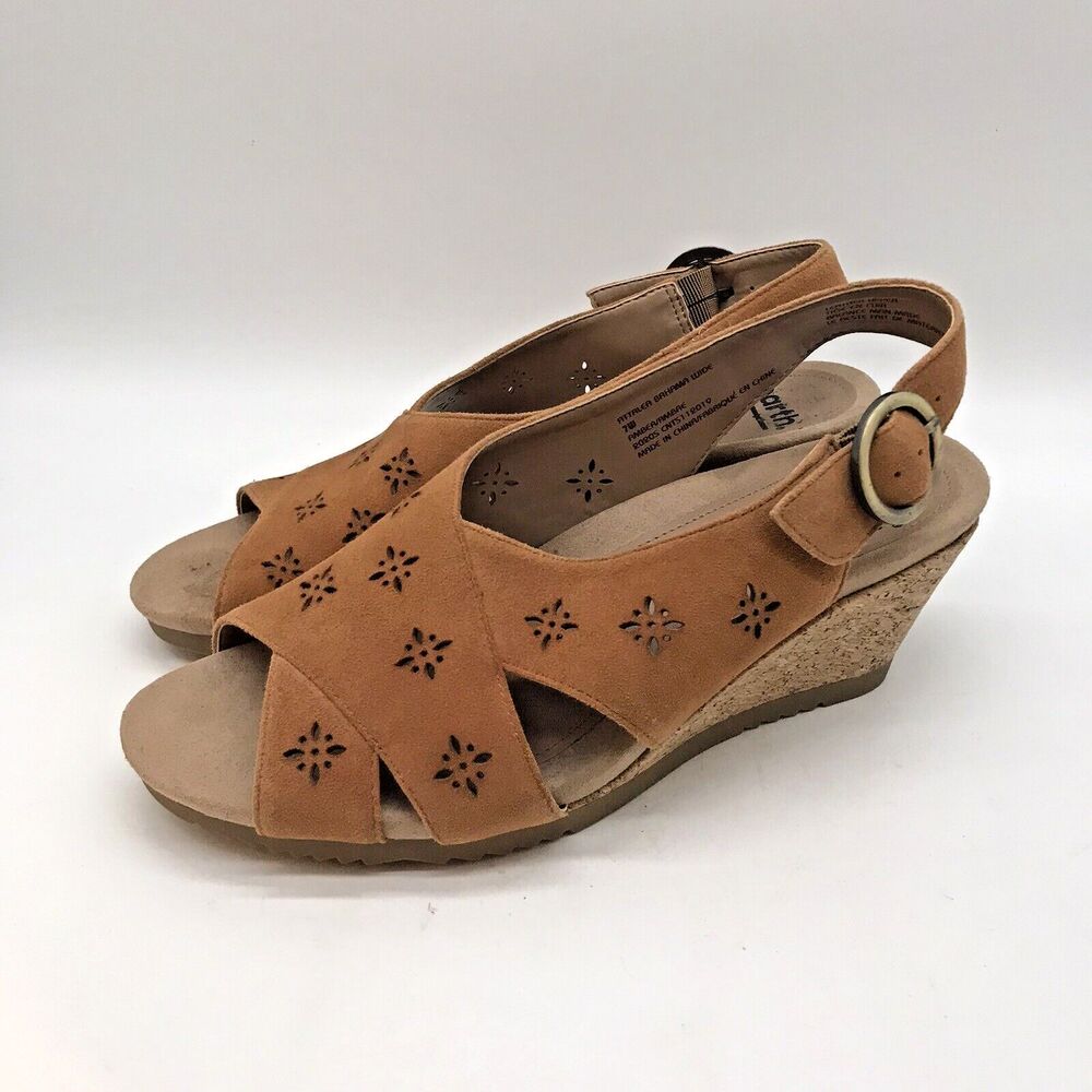 Earth Attalea Bahama Wedge Heels Women's 7W Slingback Cork Brown Suede Sandals
